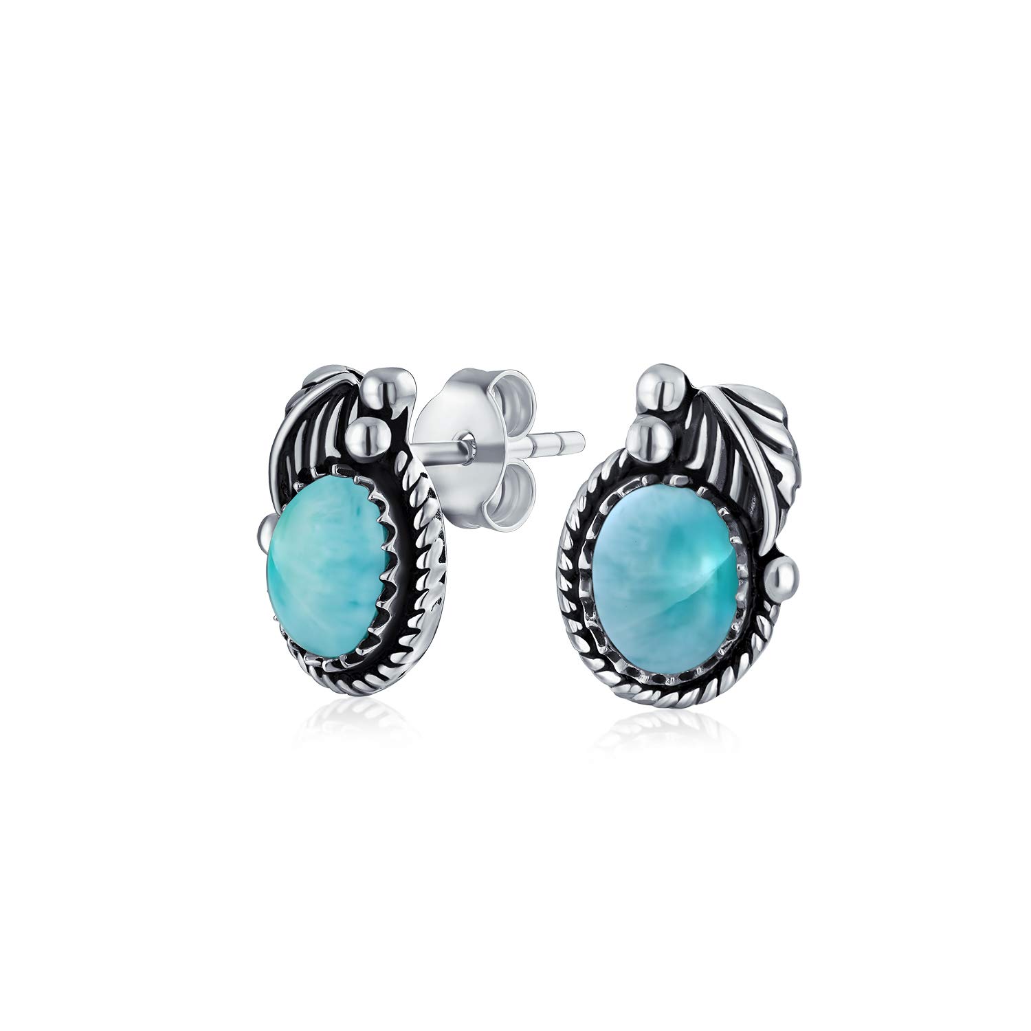 Native American Style Blue Larimar Gemstone Oval Bezel Leaf Rope Edged Stud Earrings Western Jewelry For Women Oxidized .925 Sterling Silver