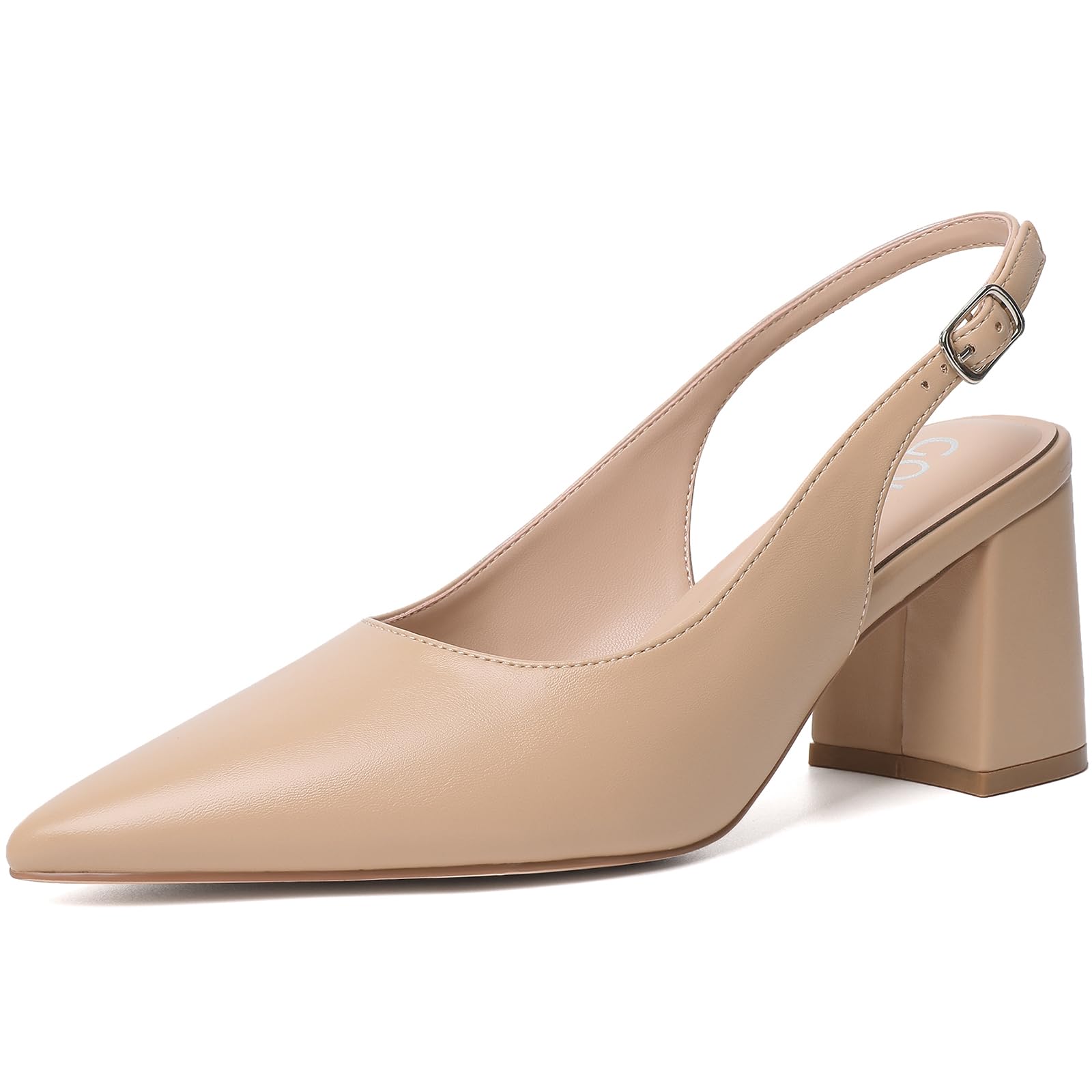 Photo 1 of Mostrin Nude Block Slingback Heels for Women Beige Pointed Closed Toe Chunky Heels Office Work Shoes Women's Pumps for Business Casual