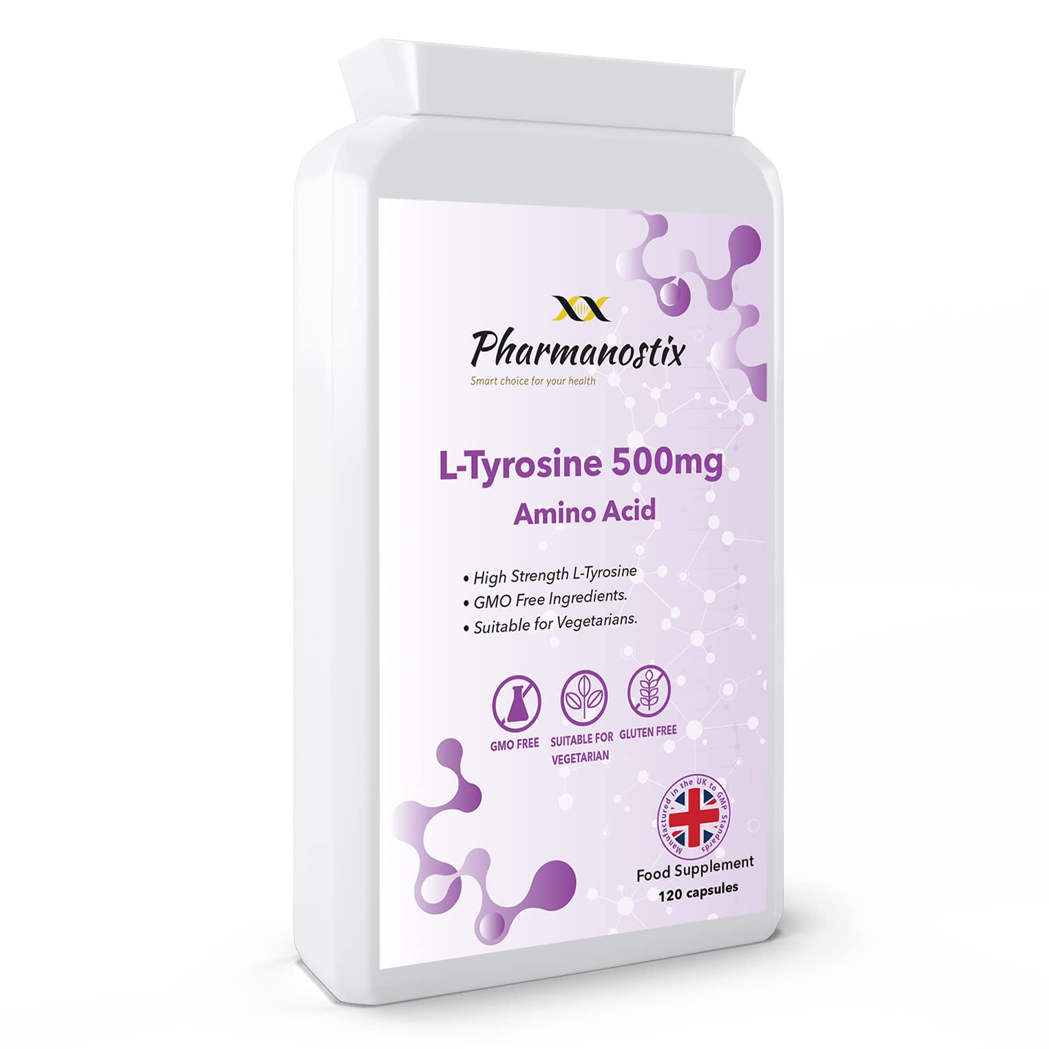 L-Tyrosine 500mg 120 Capsules, High Strength Supplement, Free Form Amino Acid, Suitable for Vegetarian, Made in UK