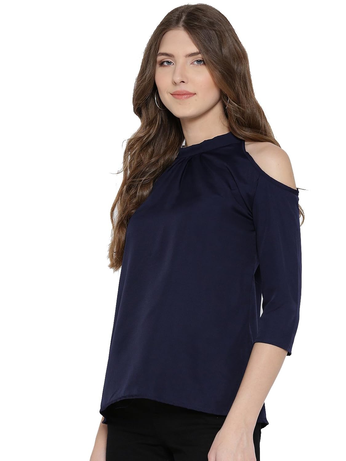 amayra women's rayon navy blue cold shoulder solid top