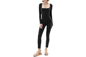 PUMIEY Jumpsuits for Women Square Neck Long Sleeve Bodycon Unitard One Piece Outfits Chill Collection