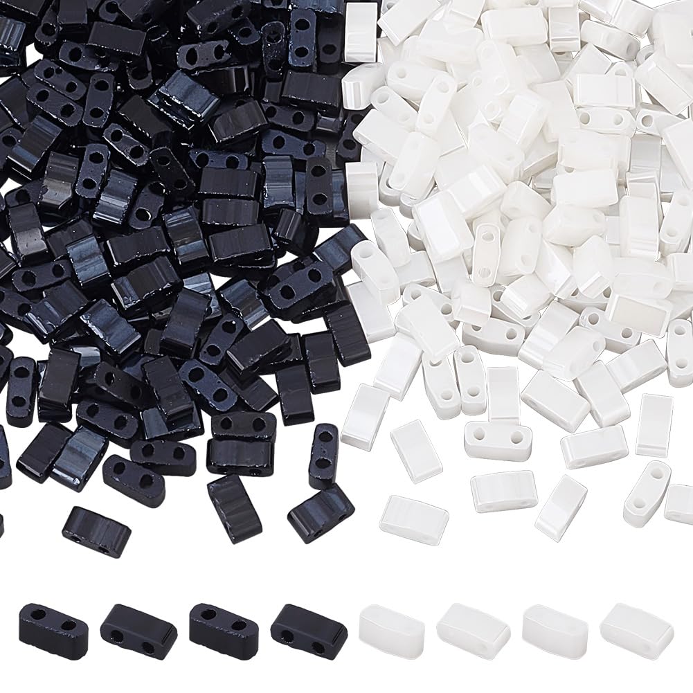 arricraft 300 Pcs 2 Hole Glass Seed Beads, Half Beads Rectangle Mini Beads Japanese Glass Beads for Multi Cord Bracelet Necklace Jewelry Making, Black White 4.5x2mm