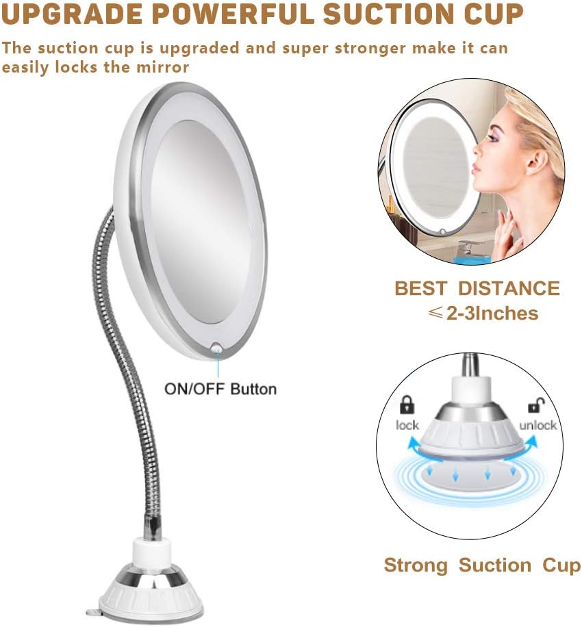 Updated 2020 Version 10X Magnifying Mirror With Light,Lighted 10X Magnifying Makeup Mirror With Light Poweful Suction Cup,360°Rotation Flexible Gooseneck Led Lighted Makeup Mirror For Bedroom Bathroom: Kitchen & Dining
