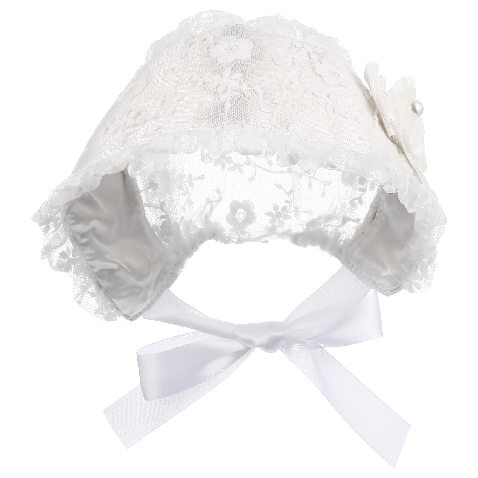 VALICLUD Baby Girls Bonnet Lace Hat Christening Bonnet Cap Beanie Toddlers Newborn Baby Girl Lace Silk Ribbon Sun Hat Brimmed Eyelet for Baby Infant Aged from 0-2 White for Babies