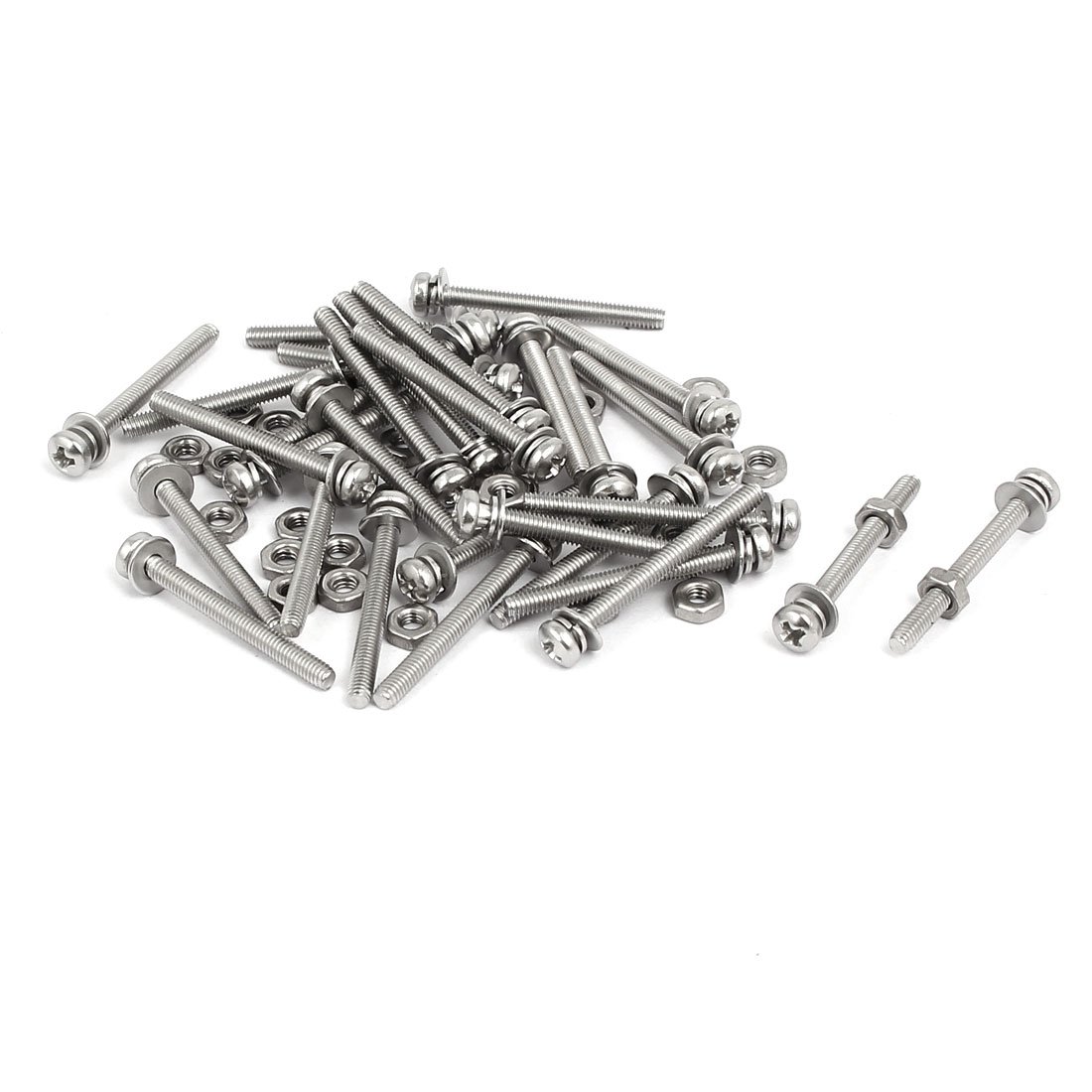 Sourcingmap M2.5 x 25mm 304 Stainless Steel Phillips Pan Head Screws Nuts w Washers 30 Sets