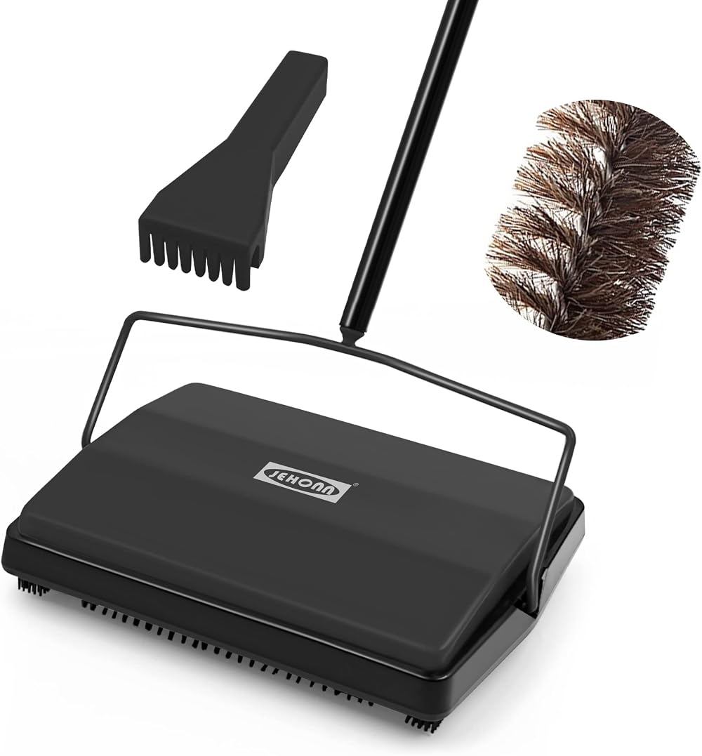 JEHONN Carpet Floor Sweeper Manual with Horsehair Brush Black