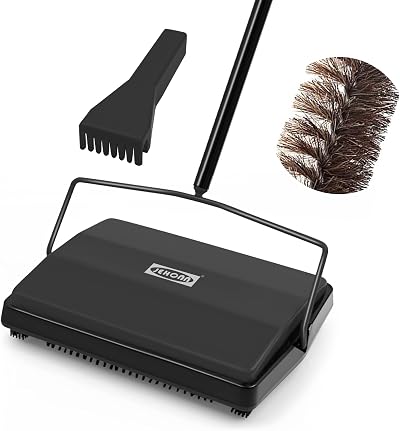 JEHONN Carpet Floor Sweeper Manual with Horsehair Brush Black
