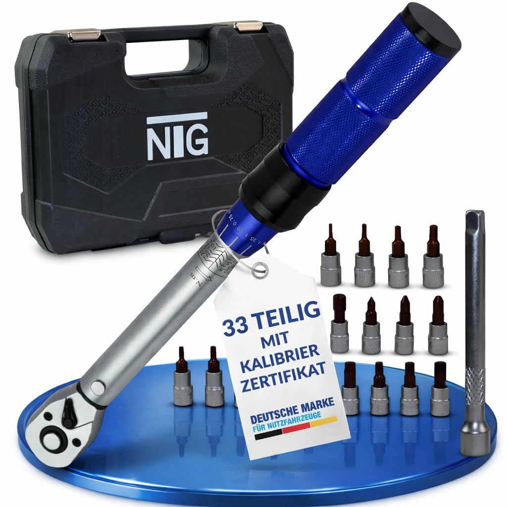 NTG Torque Wrench 1/4 Inch 5-25 Nm | Torque Wrench Bicycle & Motorcycle | Set with Extension Rod, 23 Bits, 6 Nuts | Ratchet Head with Click
