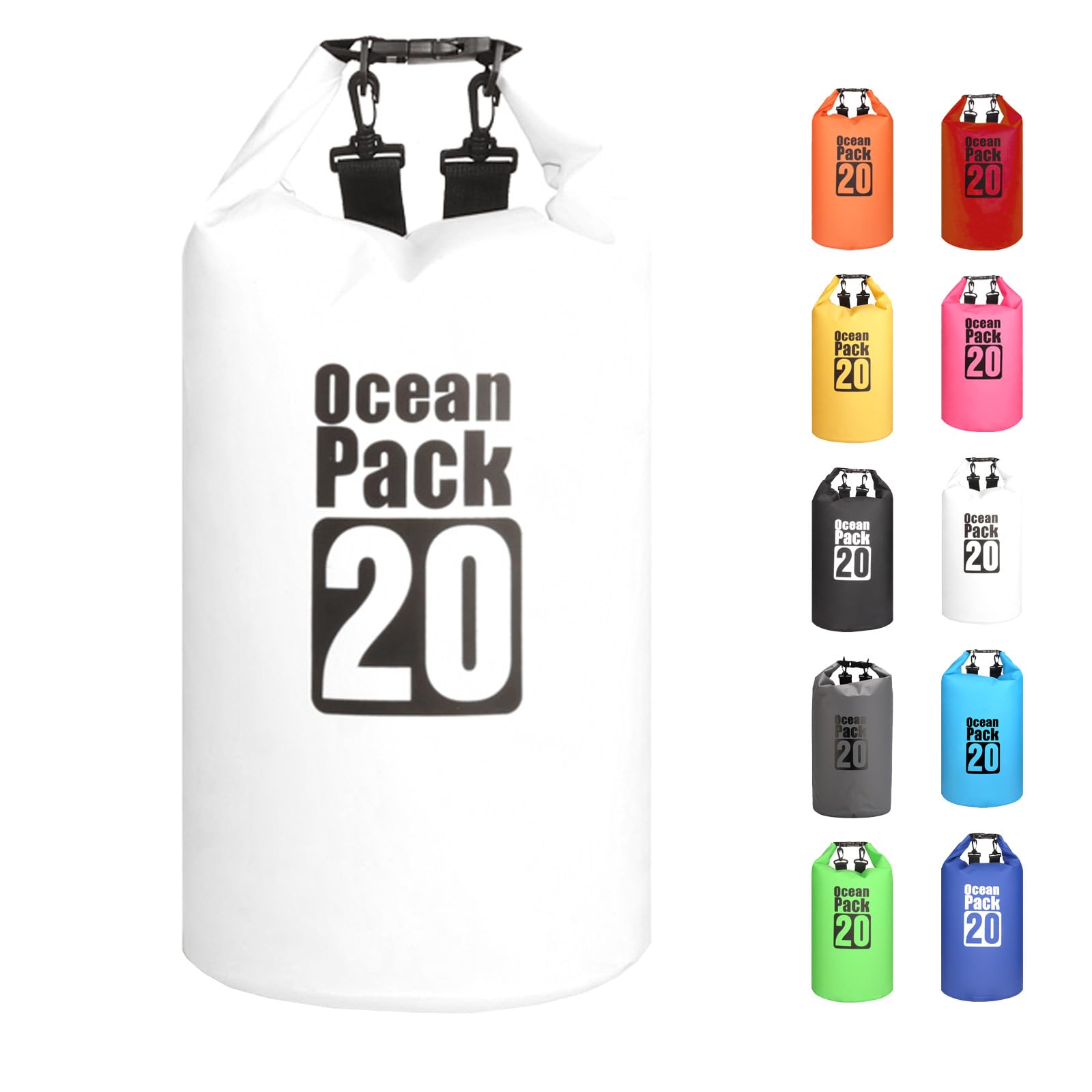 MORAINJAY 20L White Dry Bag,Waterproof Bag with Double Adjustable Shoulder Strap,Large Capacity Dry Sack 2L 5L 10L 15L 20L 30L for Outdoor Camping,Rafting,Swimming,Boating,Surfing