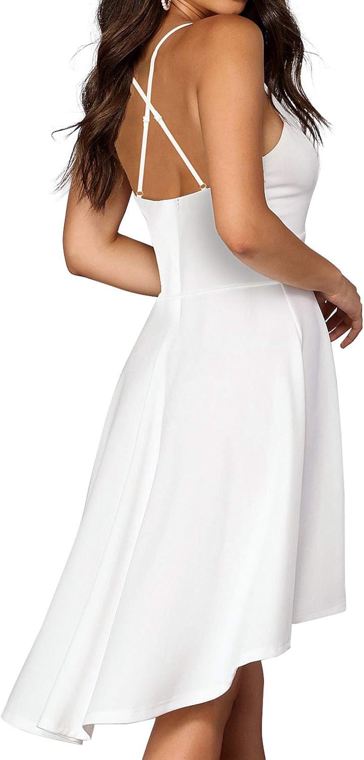 FANCYINN Women High-Low Hem Dress Spaghetti Straps Deep V Neck Floral Backless A Line Skater Cocktail Dresses with Pockets: Clothing