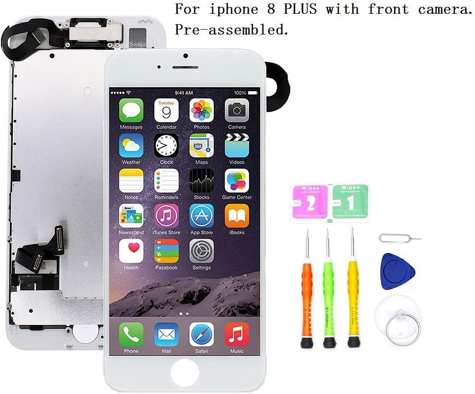 Screen Replacement Compatible with iPhone 8 Plus Full Assembly - LCD 3D Touch Display Digitizer with Front Camera, Ear Speaker and Sensors, Fit Compatible with All iPhone 8 Plus White