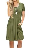 AUSELILY Women's Short Sleeve Pleated Loose Swing Casual Dress with Pockets Knee Length