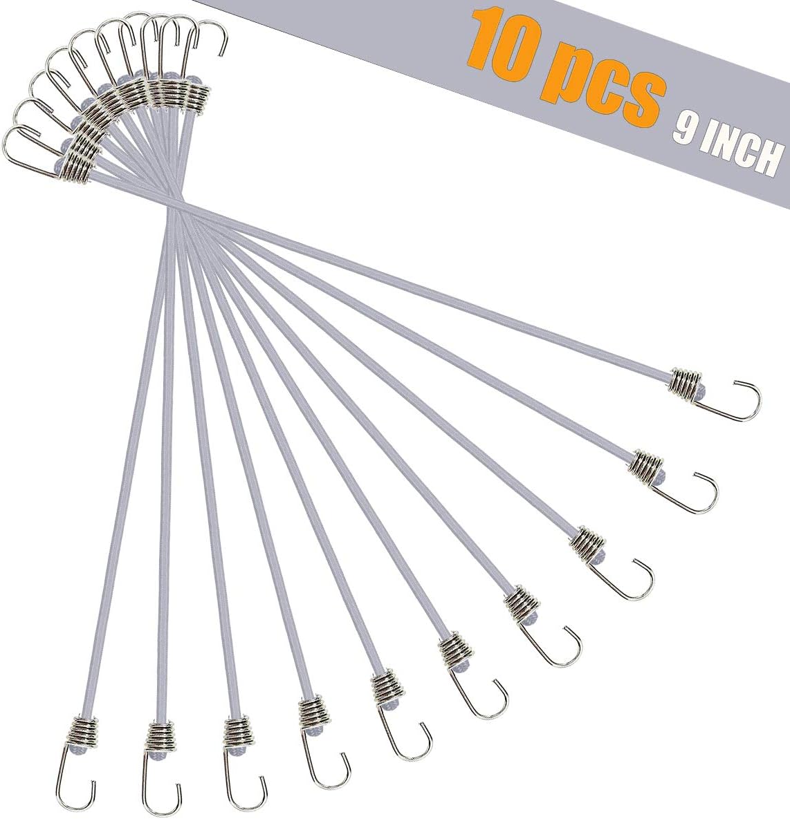 10 Pack Mini Bungee Cords with Hooks, 9 Inch Rubber Stretchy Bungee