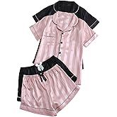 SHENHE Women's 2 Piece Pajama Sets 2 Pack Fall Pajamas Satin Button Shirt with Shorts Cute Pj Set Lounge Pjs