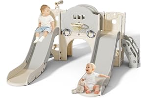 YUYUE 9 in 1 Toddler Slide,Kids Climber Slide with Storage Space and Non-Slip Steps,Indoor Outdoor Playset with Basketball Hoopa and Telescope,Double Slide for Toddlers Age 1-8 (White+Grey)