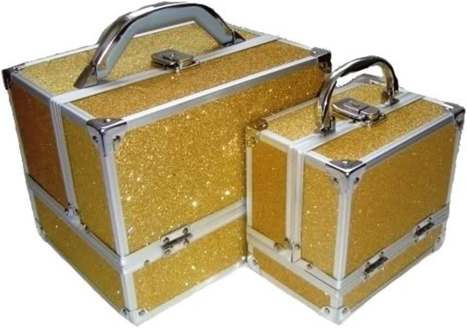 2 Piece Sparkly Glitter Aluminium Beauty Make up Vanity Case Box Nail hair Box (GOLD)