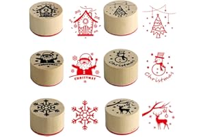 JZTang 6 Pcs Wooden Stamps Set Round Wooden Rubber Stamps for Card Making Merry Christmas Pattern Rubber Stamp for DIY Craft Card and Scrapbooking (Merry Christmas)