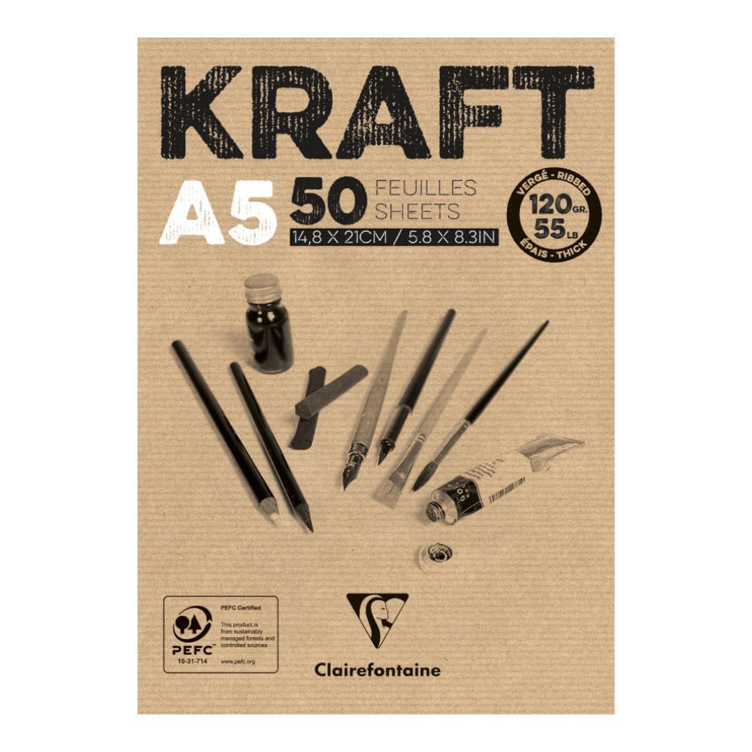 Clairefontaine - Ref 975814C - Kraft Paper Pad (50 Sheets) - A5 (210 x 148mm) Size, 120gsm Paper, Acid Free, pH Neutral - Suitable for Painting & Drawing - Brown