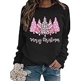 FCHICH Merry Christmas Sweatshirt Women Pink Leopard Christmas Trees T Shirt Casual Graphic Xmas Holiday Pullover Tops
