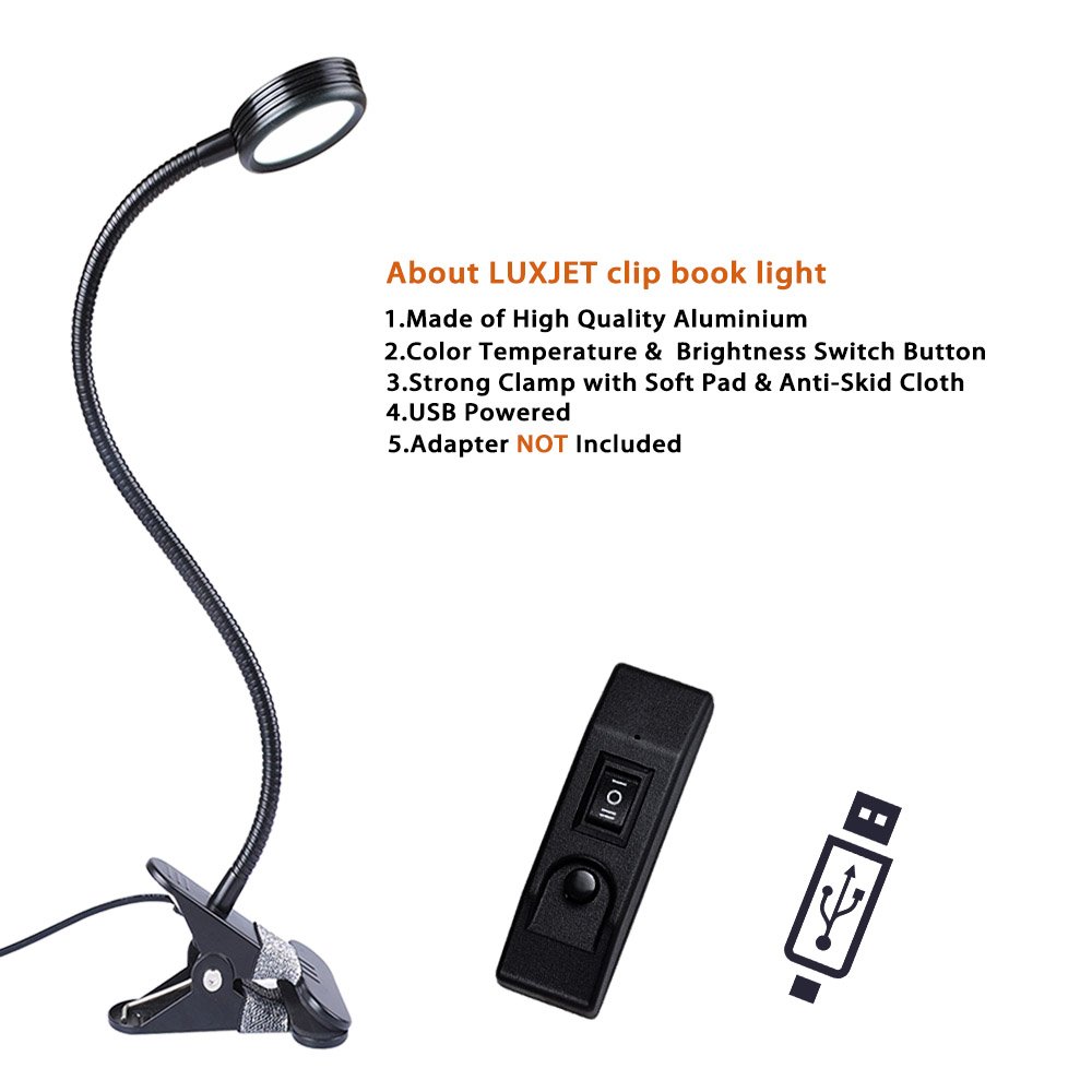 LUXJET Lámpara Flexo de pinza LED luz de lectura, 3 color de la iluminación, 2 modos de brillo regulable para estudio,Cama,luces infantiles de mesa y mesilla de noche de escritorio (negro)