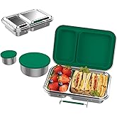 Stainless Steel Lunch Box, 22.6 oz Leakproof 2-Compartments Stainless Steel Bento Box Containers,Metal Lunchbox with 2 Container, Dishwasher Safe for Adults Men Women, Office,Outdoor, BPA-Free Green