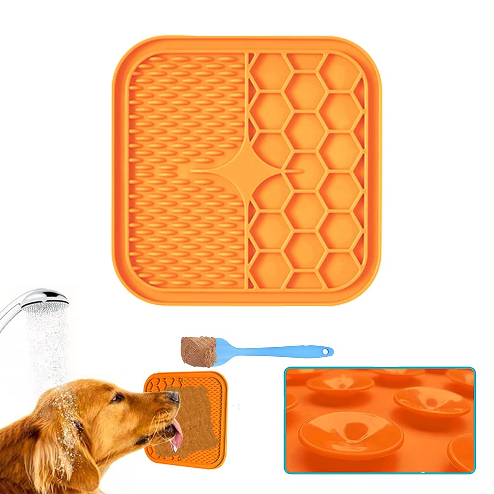 QIAMNI Pet Licky Mat Slow Feeder Dog Mat with a Scraper - 6in - Buddy Bath Lick Pad Perfect For Dogs and Cats to Serve Treats, Yogurt, or Peanut Butter (Orange)