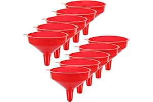 HNBUN 10Pcs Plastic Funnel Set, 6.3 Inch Wide Mouth Oil Funnels All Purpose Red Gas Funnels, Large Funnel with Long Reaching Spout for Car Automotive Kitchen