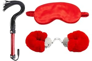 Satin Eye Mask Set of 2, Cozy Adjustable Plush Handcuffs, Fun Party Game Accessory Set of 2 (Red-3pcs)