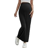 OYOANGLE Women's Maternity High Waist Long Maxi Skirt Casual Solid Adjustable Skirts