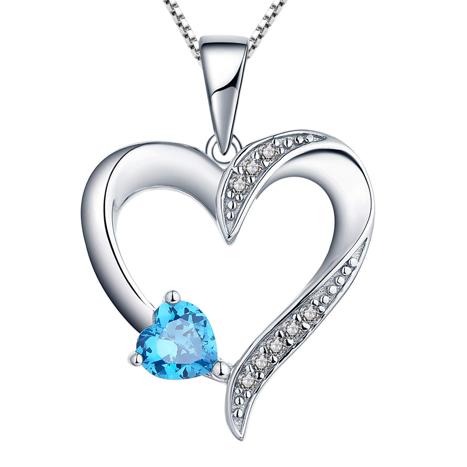 YL Heart Necklace 925 Sterling Silver March Birthstone Aquamarine Blue Double Heart Pendant Necklace for Women, 45-48cm — image 1