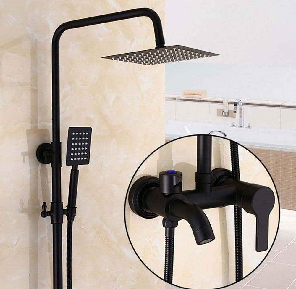 YYF-SHOWER Modern Wall-mounted Top Spray Waterfall Bathroom Faucet, Copper Fittings, 360°C Thermostatic Hand Shower Single Handle Mixer Hot And Cold Water Shower Set, 3-hole Installation, High-end Family Hotel Shower Faucet ( Color : Black , Size : A )