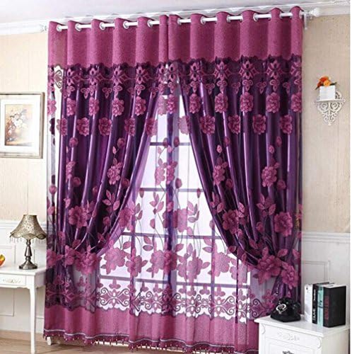 Window Curtain ,Ruhiku 250cmx100cm Print Floral Voile Door Curtain Window Room Curtain Divider Scarf (Purple)