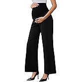 Ecavus Women's Maternity Pants Over Belly Seamless Stretchy Work Pants Maternity Wide Leg Pants with Pockets