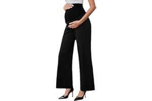 Ecavus Women's Maternity Pants Over Belly Skinny Stretchy Work Pants for Women Pregnancy Wide Leg Trousers with Pockets