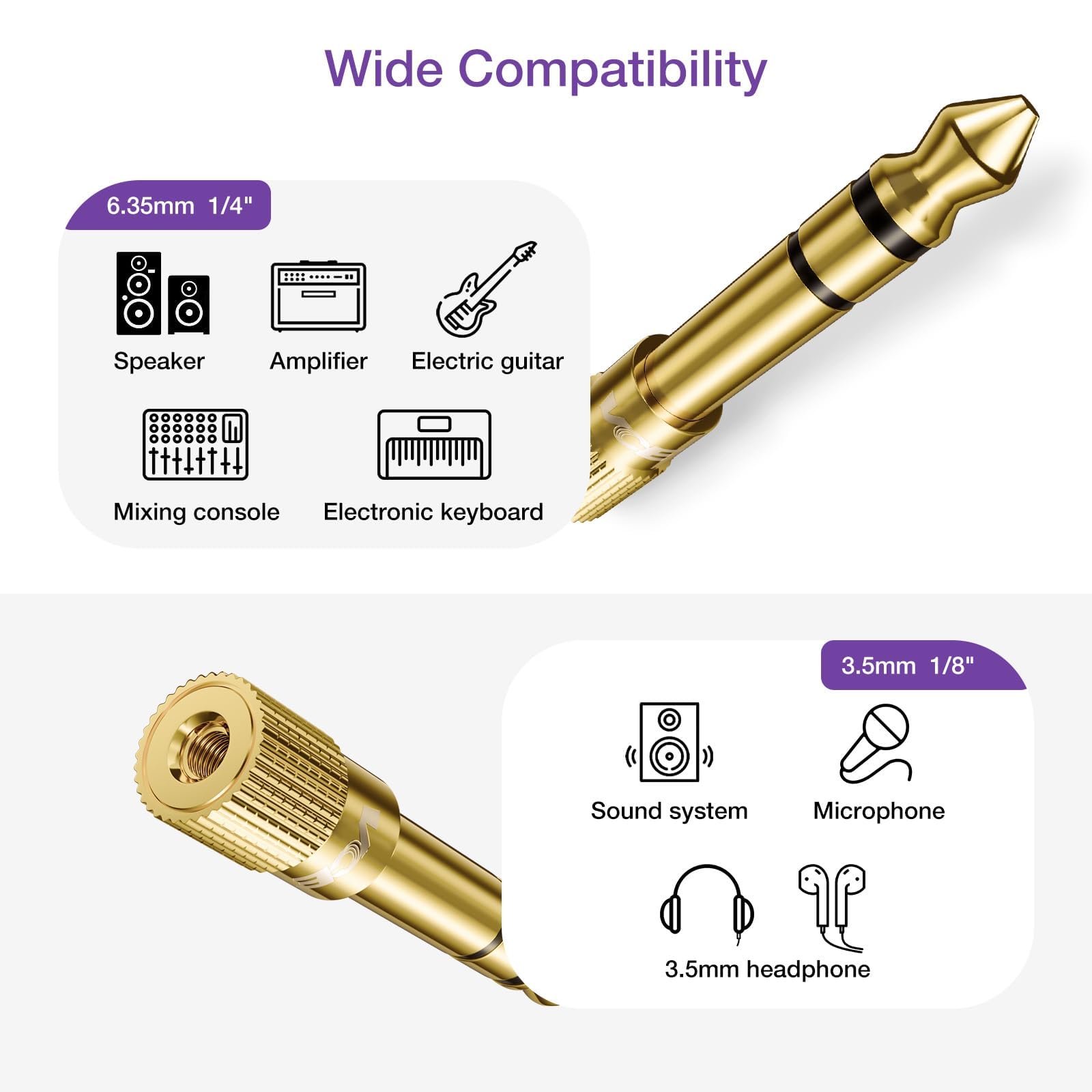 VCE 6.35mm (1/4 inch) Male to 3.5mm (1/8 inch) Female Stereo Audio Jack Adapter for Aux Cable, Guitar Amplifier, Headphone, 2 Pack