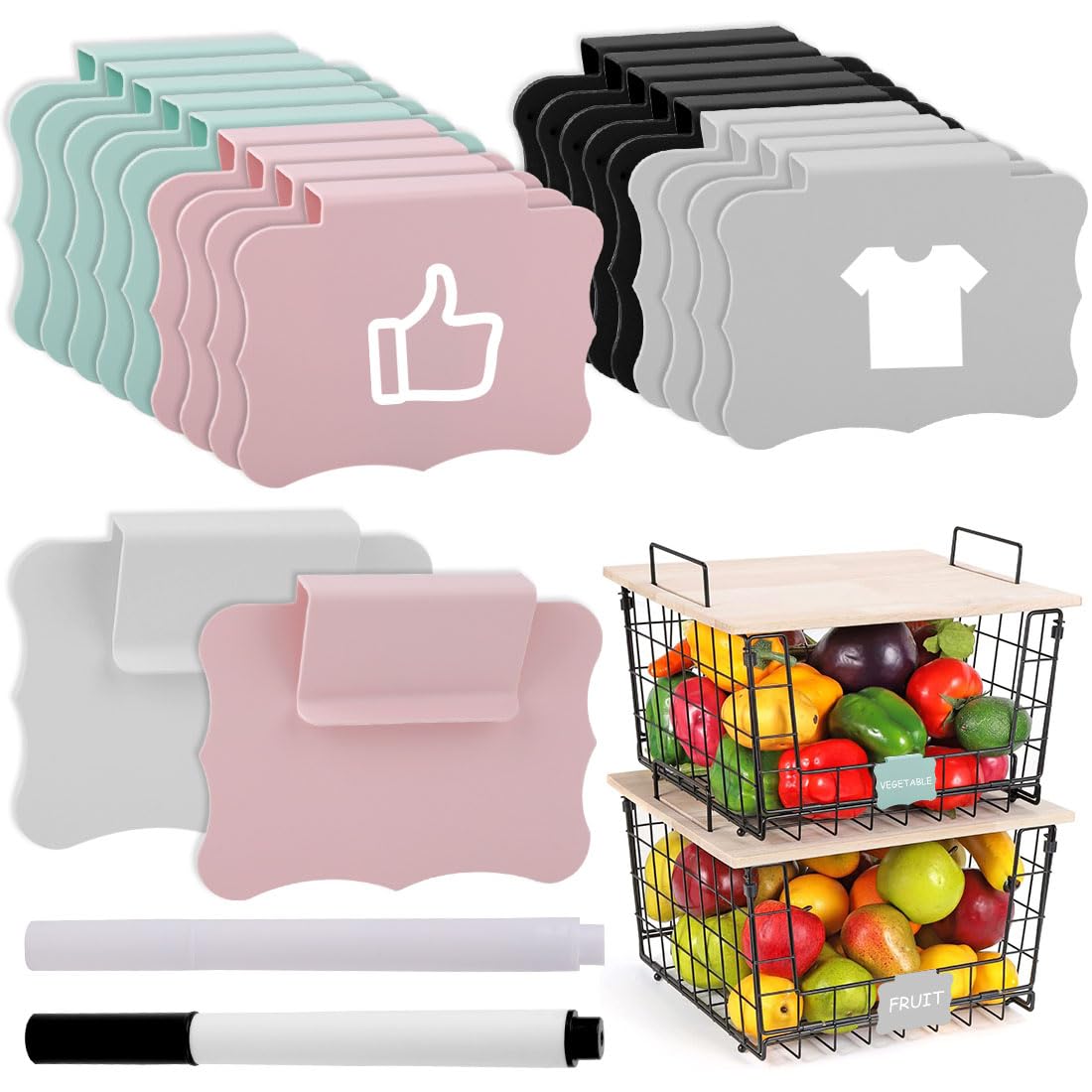 Voyyphixa 20 PCS Basket Labels Removable Clip on Storage Bin Label Holder with 2 Pcs Marker Pen Pantry Labels Plastic Chalkboard Tag Labels for Basket Pantry Organization Box (Style A)