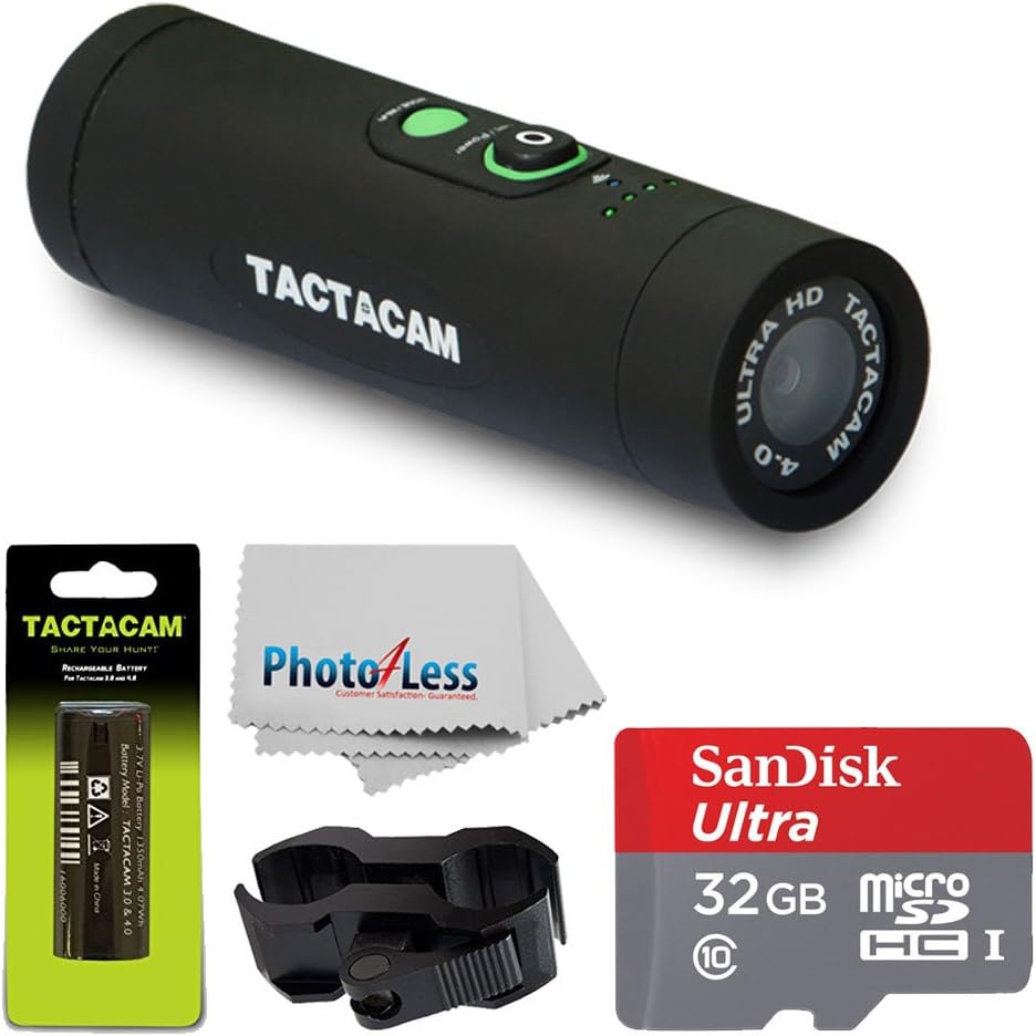 TACTACAM 4.0 with Flat Black Stabilizer Rechargeable Battery + SanDisk Ultra 32GB microSDHC UHS-I Card with Adapter + Custom Gun Mount/Scope Mount + Cleaning Cloth - Full Accessory Bundle