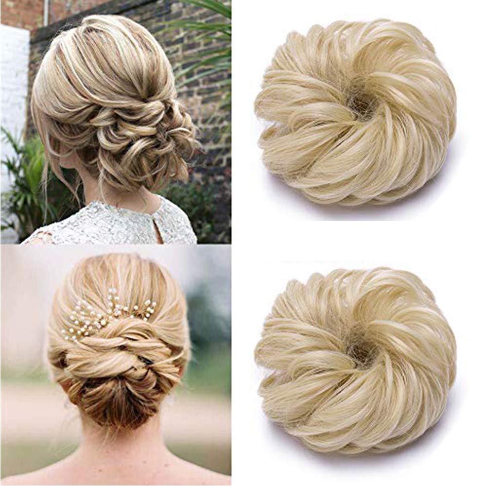 Synthetic Hair Bun Extensions 2Pieces Messy Hair Scrunchies Hair Pieces for Women Hair Donut Updo Ponytail -Bleach Blond