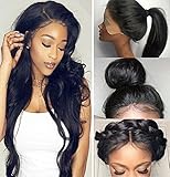 Fyonas Hair Long Wavy Lace Front Wigs for Women Natural Looking Wave Guleless Wig Half Hand Tied Heat Resistant Synthetic Fiber (24 Inch,Black Color)