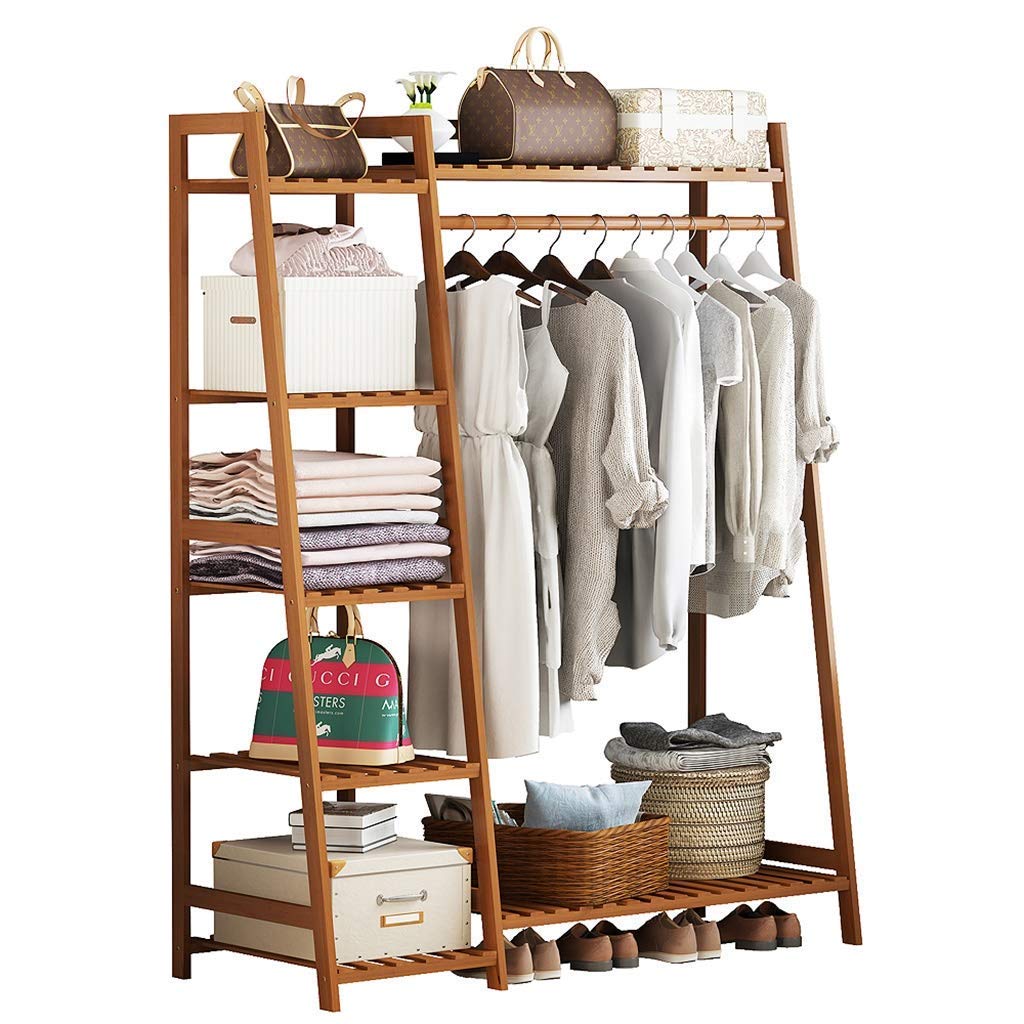 ADA Handicraft Premium Bamboo Coat Clothing Garment Rack with Shelf, 5Tier Freestanding Clothes