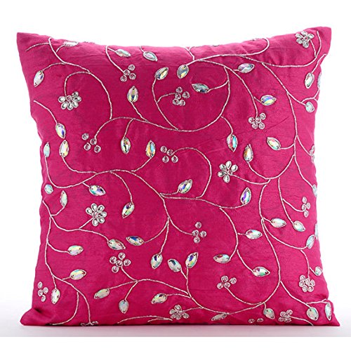 Fuchsia Pink Cushion Covers, Zardozi Leaves Garden Cushions Cover