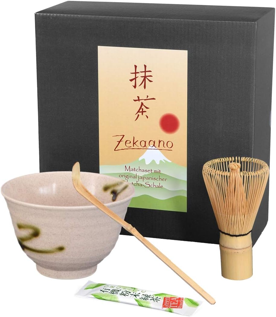 Zekaano Original Japanese Matcha Bowl Chawan Matcha Set 350ml with Matchabesen Chasen Bamboo Spoon Chashaku, Trapezoidal Cream Speckle Ø 12.2 cm – Aricola®