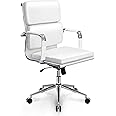 NEO CHAIR Office Desk Ergonomic Chair Leather Executive Mid-Back Modern Conference Comfy Adjustable Padded Swivel Rolling Home Vanity Chairs with Arms Wheels (White)