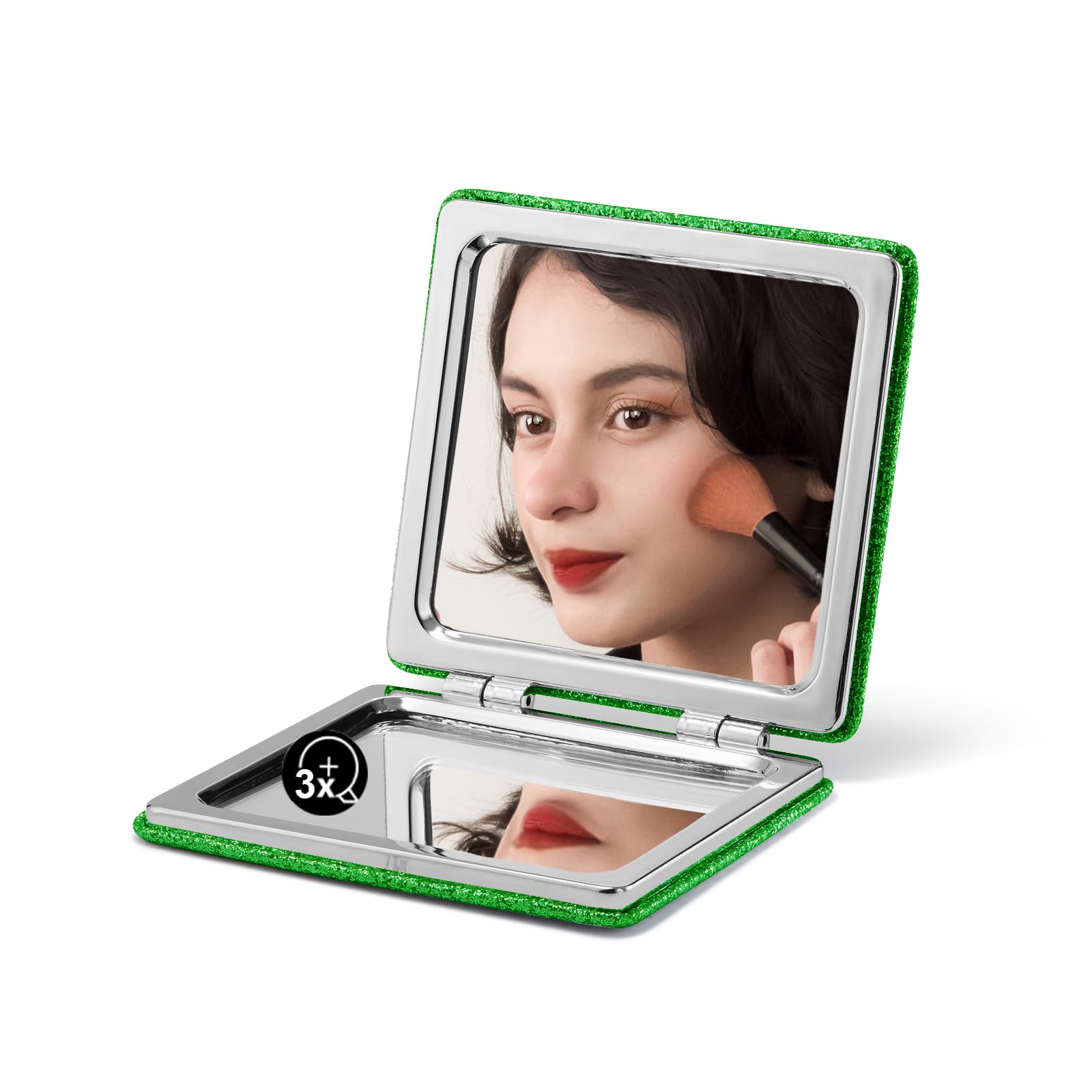 OMIRO Compact Mirror with 1x/3x Magnification, Square with PU Leather, Small Mirror for Purses, Daily Makeup (Glitter Green)