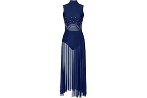 HULIJA Women Long Lyrical Dance Costumes Rhinestone Contemporary Dancewear Mesh Tulle Flowy Maxi Dresses