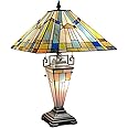 Capulina Mother-Daughter Vase Tiffany Table Lamp 3-Light 16X16X24 Inches Green Blue Antique Mission Style Stained Glass Desk Light for Living Room Bedroom Home Office