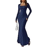 MITILLY Women Bodycon Maxi Dress Elegant Square Neck Long Sleeve Floral Lace Sexy Wedding Guest Cocktail Long Dresses New