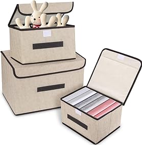 3 cajas de almacenamiento con tapas con asas, portátil, plegable, a prueba de polvo, para guardar libros de juguetes, ropa, ropa interior, para el hogar, oficina, armario, mesa beige 