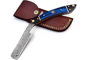 MARSHBLADES Damascus Steel Straight Razor for Men, Barber-Approved, Includes Leather Case, Ready for a Close Shave (Blue)