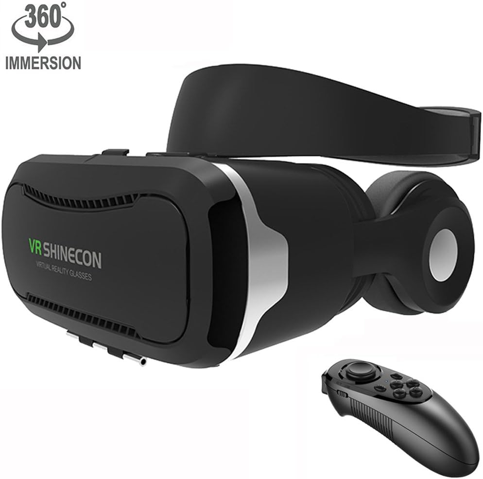 VR Shinecon Headset with Stereo Headphones and Bluetooth Remote 3D Movie Games Glasses Virtual Reality Headset Goggles Helmet fits the Myopia for 3.5 - 6.0 inches Android & iOS Smartphones ( Black)